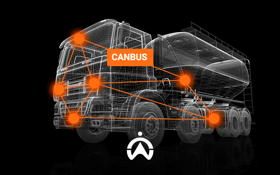 A wireframe illustration of a truck with highlighted connections, showcasing the CANBUS system in a technology-focused design.