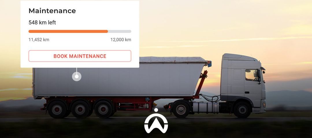 A white truck drives on a road with a maintenance alert showing 548 km left until service, alongside a progress bar and booking option.