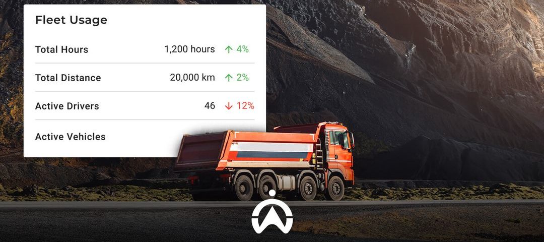 An orange truck parked near mountains displays fleet usage stats: 1,200 hours, 20,000 km, 46 active drivers, varying percentage changes.
