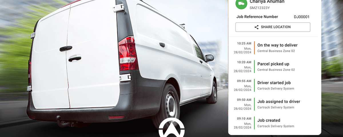 A white delivery van is shown in motion, with a digital tracking interface displaying delivery updates and job details.