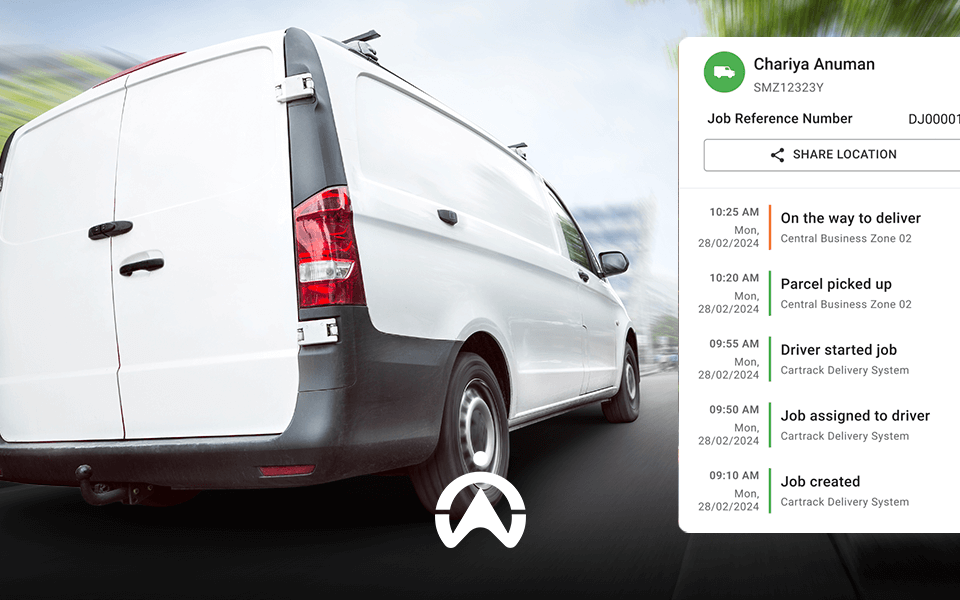 A white delivery van is shown in motion, with a digital tracking interface displaying delivery updates and job details.