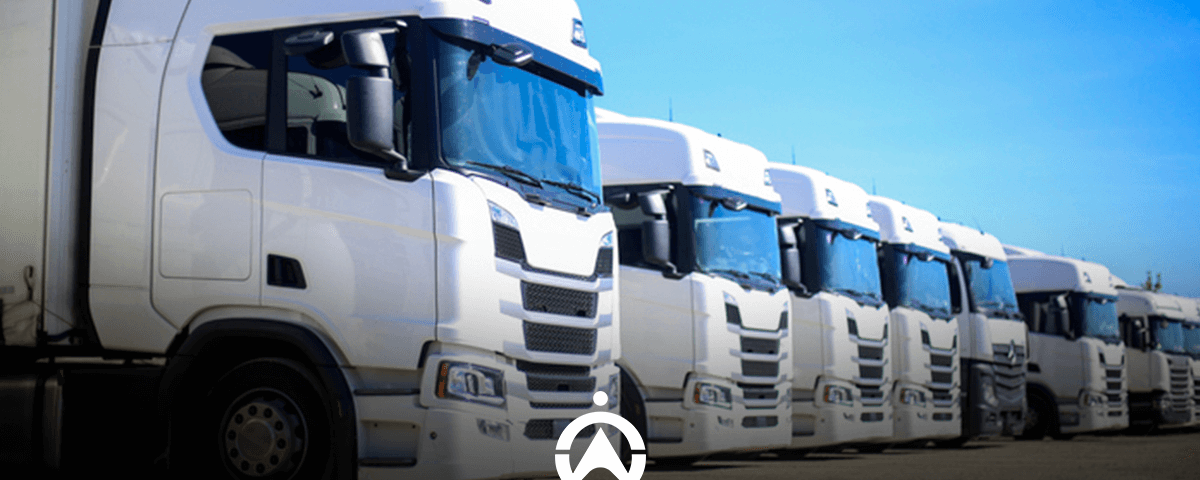 A row of white trucks parked under a blue sky, showcasing their sleek design and large windshields.