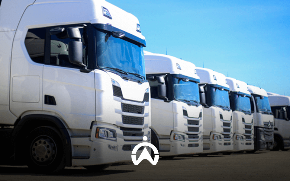 A row of white trucks parked under a blue sky, showcasing their sleek design and large windshields.