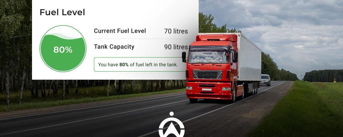 A red truck drives on a highway, displaying a fuel gauge indicating 80% fuel level with 70 litres filled in a 90-litre tank.