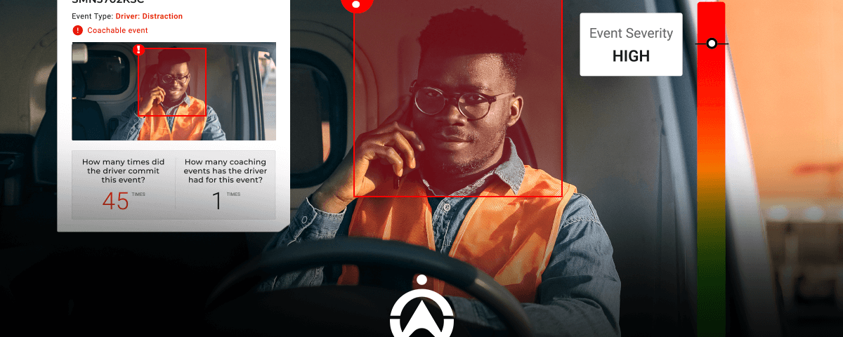 A driver in a safety vest is shown in a vehicle, with a display highlighting a high-severity distraction event and coaching statistics.
