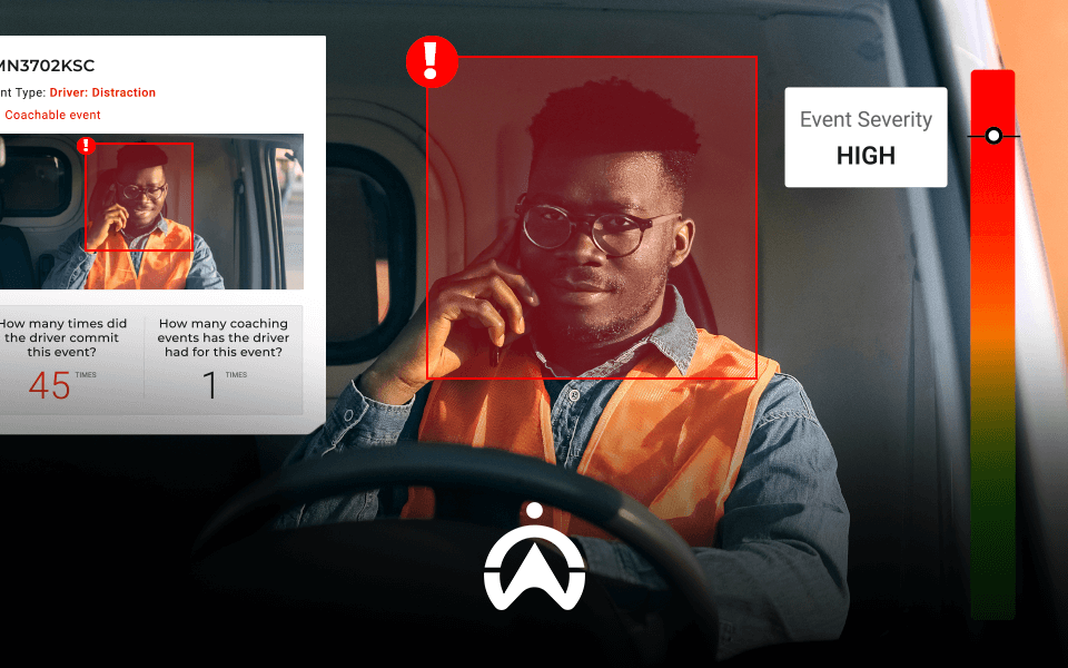 A driver in a safety vest is shown in a vehicle, with a display highlighting a high-severity distraction event and coaching statistics.