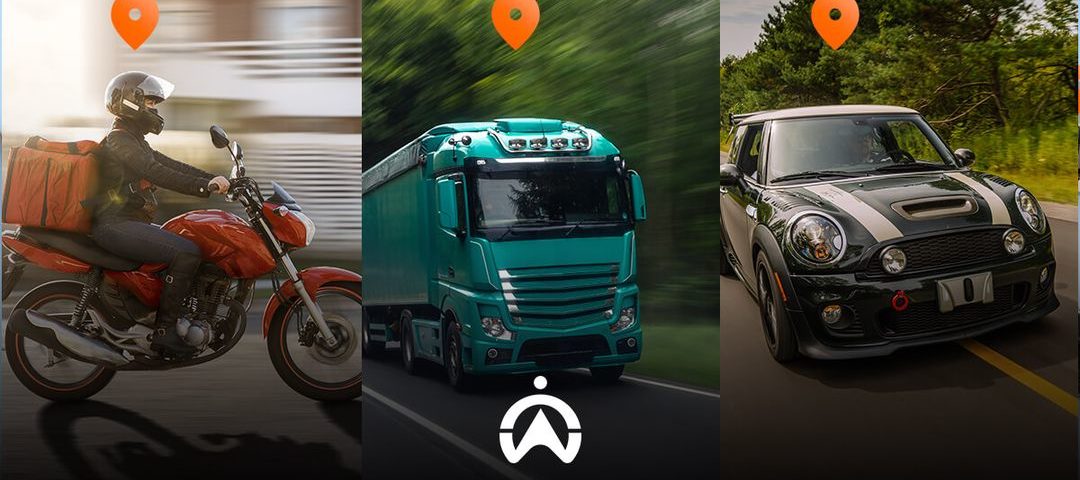 Three vehicles in motion: a delivery motorcycle, a green truck, and a sporty car, each highlighted with a location pin icon.