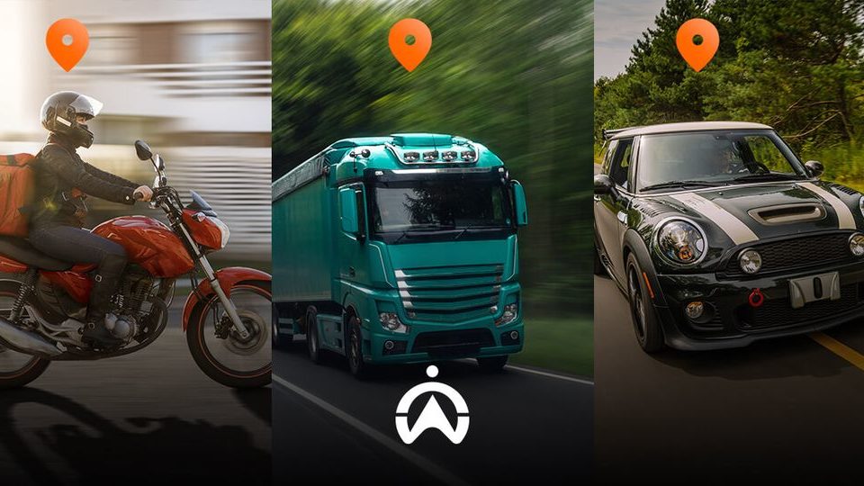 Three vehicles in motion: a delivery motorcycle, a green truck, and a sporty car, each highlighted with a location pin icon.