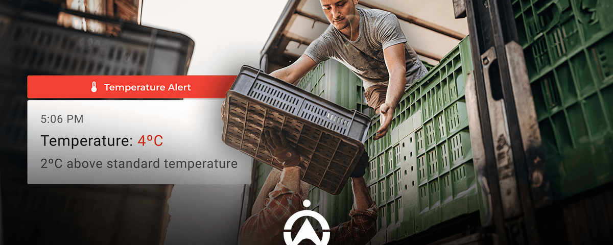 A worker lifts a crate while a temperature alert indicates 4°C, 2°C above the standard, signifying a potential issue with storage conditions.