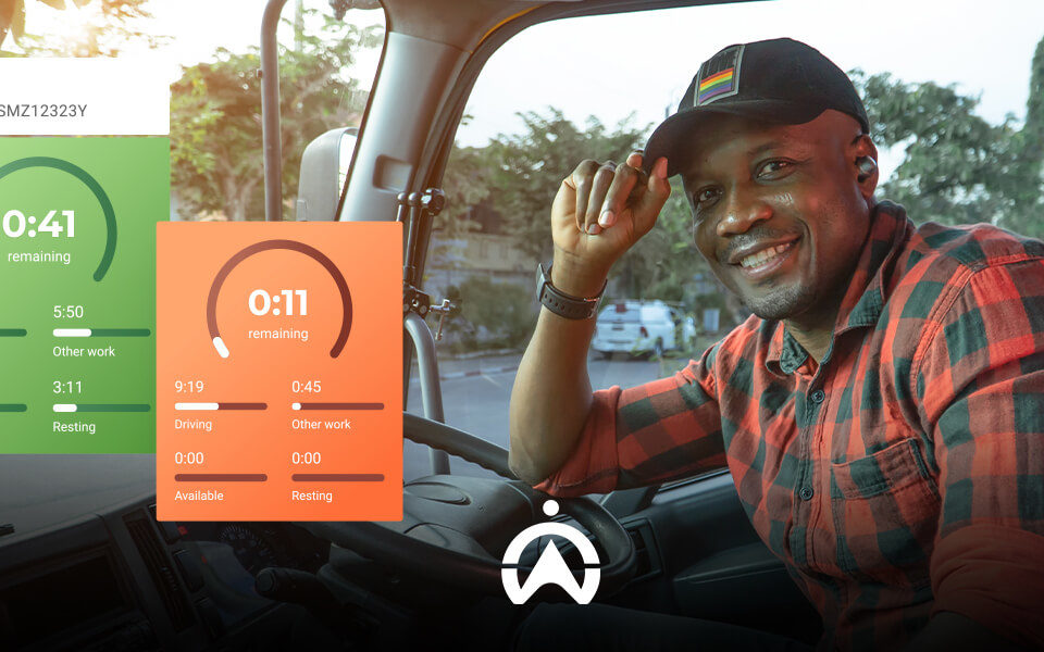 A truck driver inside the vehicle, with colorful status indicators showing driving and resting times on the dashboard.