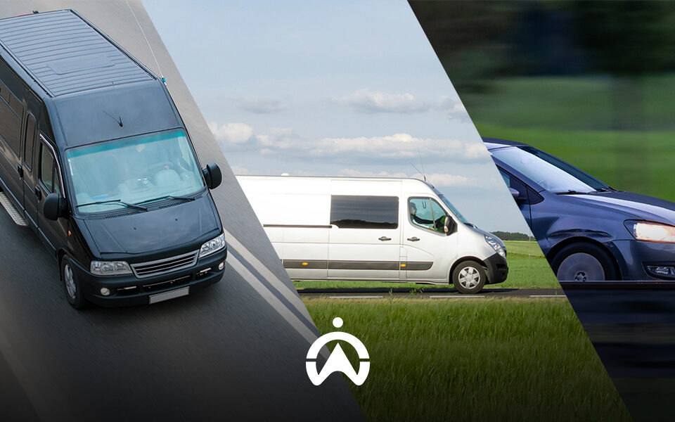 A black van, white delivery vehicle, and dark sedan are shown side by side on the road, highlighting different types of vehicles.