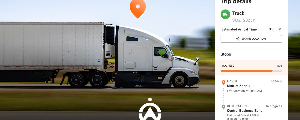A white truck driving on a road with a location pin and trip details showing 80% progress toward Central Business Zone, arriving at 3:30 PM.