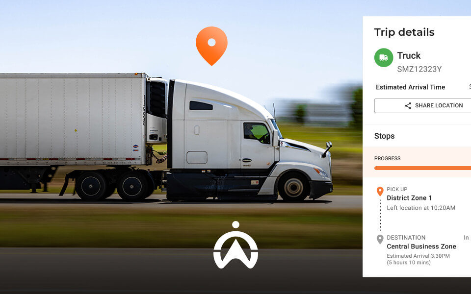 A white truck driving on a road with a location pin and trip details showing 80% progress toward Central Business Zone, arriving at 3:30 PM.